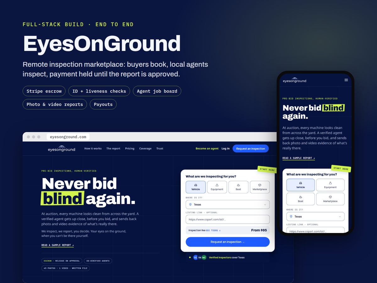 EyesOnGround home page on a laptop and a phone