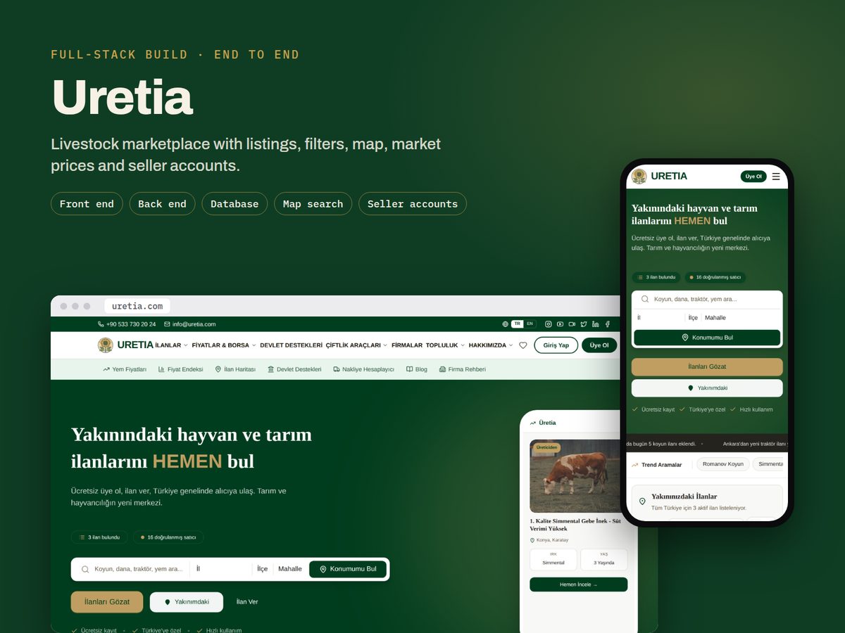 Uretia marketplace on a laptop and a phone